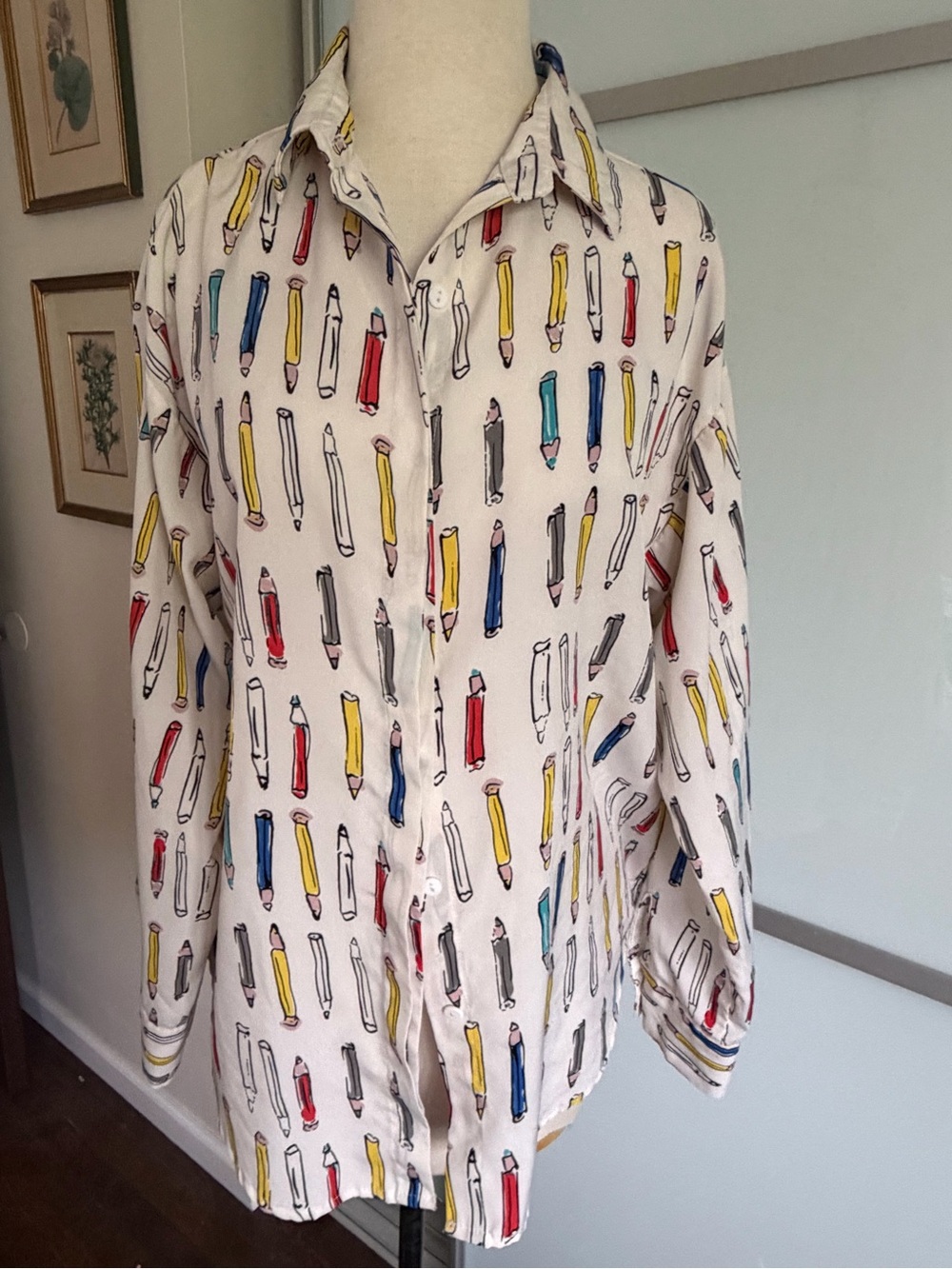 SHEIN White Button-Up Blouse with Red, Yellow & Blue Pencil Print L